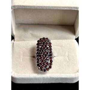 Vintage Garnet Ring sz 7.5 Sterling Silver Setting Long Oval Design